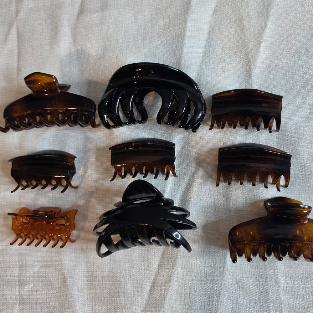9pc Hair Claw Clip Lot Tortoiseshell Black Octopus Jaw Clips Assorted Sizes
